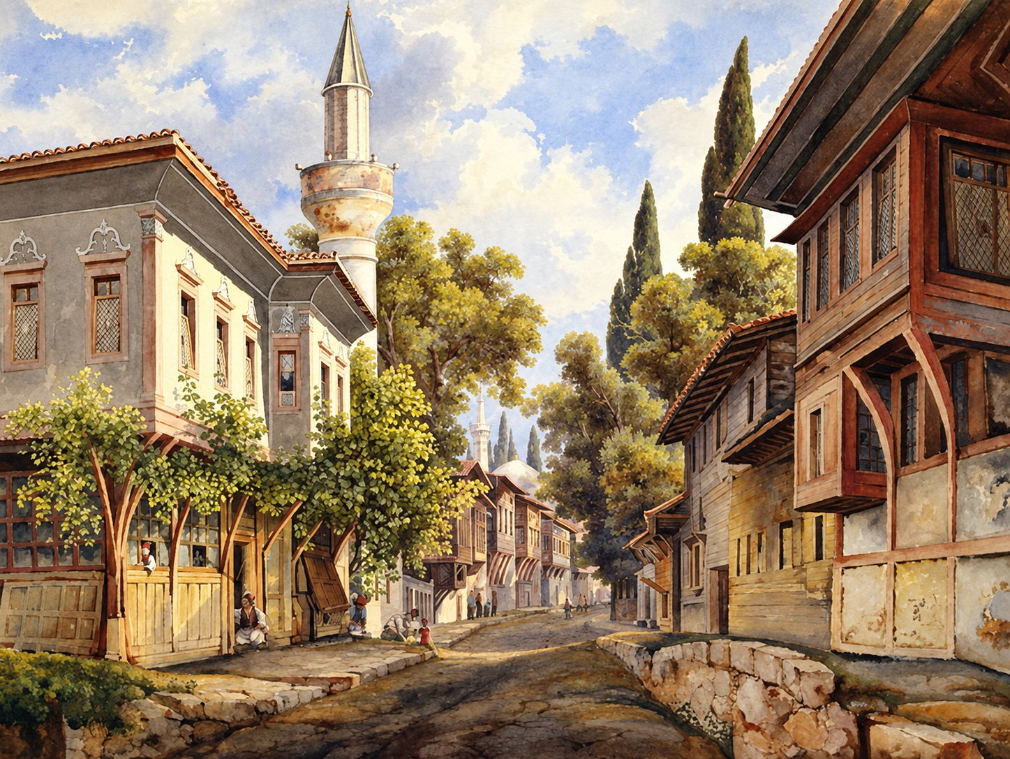 A watercolor view of an Ottoman neighborhood and minaret